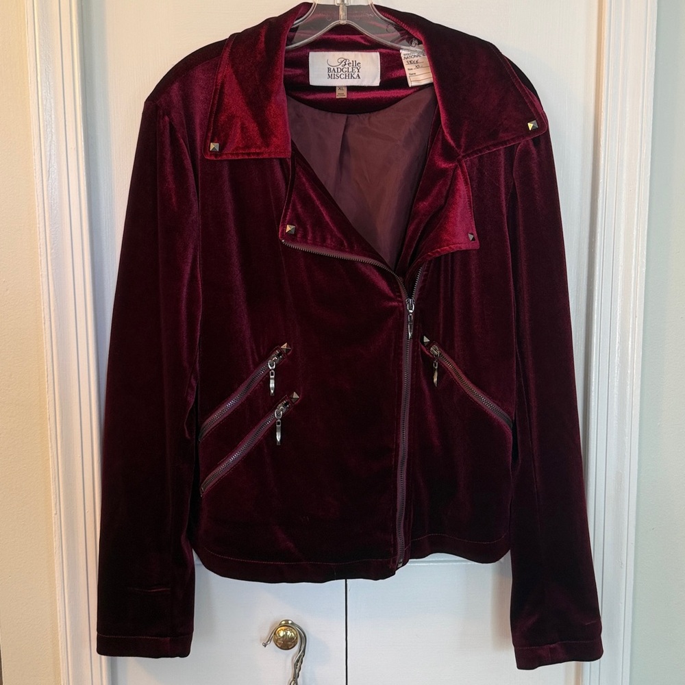 Vintage Belle Badgley Mischka Burgundy Velvet Moto Jacket Size XL, Excellent!